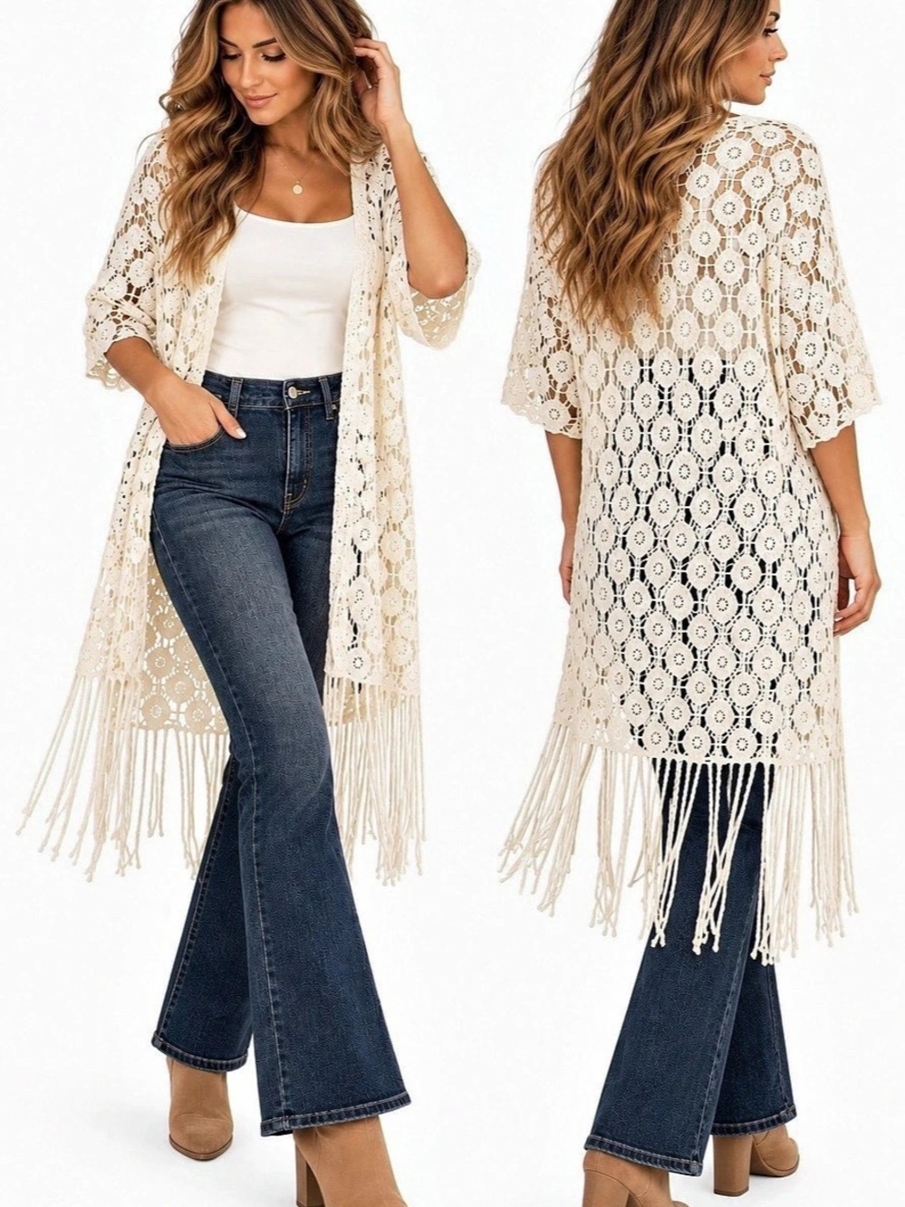 Rebellion Crochet Lace Kimono Cardigan Small Ivory Fringe Boho Festival 100% Cot